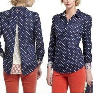 Anthropologie Navy Polka Dot Button-Up Blouse
